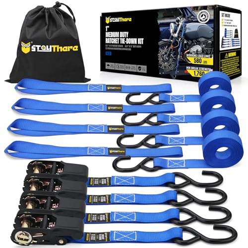 Stay There Ratchet Tie Down Straps 1'' x15', Ratchet Straps with S Hook - 1760lb Break Strength for Securing Motorcycle, Kayak, Truck with Rubber Handles, A Sturdy Bonus Bag & 4 Soft Loops Included - color: Blue