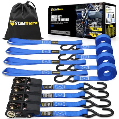 Stay There Ratchet Tie Down Straps 1'' x15', Ratchet Straps with S Hook - 1760lb Break Strength for Securing Motorcycle, Kayak, Truck with Rubber Handles, A Sturdy Bonus Bag & 4 Soft Loops Included - color: Blue