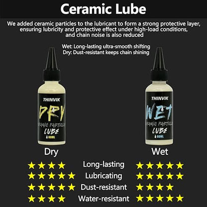Thinvik Bike Lube and Cleaner Set with 500ml Chain Cleaner, 60ml Dry Lubricant and 4 Brush Tools for Cleaning Chains, Chainrings, Freewheel/Cassette(Wet Lube) - size: Wet Lube