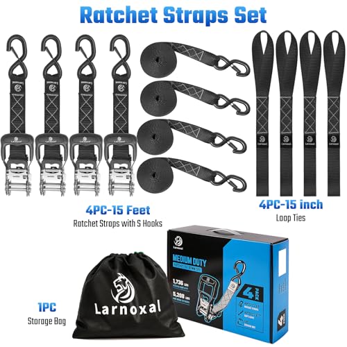 Ratchet Straps, 1.5 inch x 15 ft(4 Pack) Heavy Duty Tie Down Straps, Ratchet Tie Down Straps with Soft Loops-5,208 lbs (Black) - color: Black, size: 15 ft