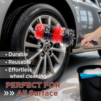 (Upgraded) TAKAVU Premium Wheel & Tire Brush, Long Bristle Detailing Brush for Effortless Rim & Tire Cleaning, Non-Slip Handle, Built-in Knuckle Guard, Deep Reach for Brake Dust & Dirt Removal (Red) - color: Red & Black - Big Brush