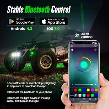 4 Pods RGB LED Rock Lights Kit, Underglow Multicolor Neon Light Pod with Bluetooth App Control, IP68 Waterproof High Brightness Dynamic Music Mode Wheel Well Light for Truck ATV UTV RZR SUV Golf Cart