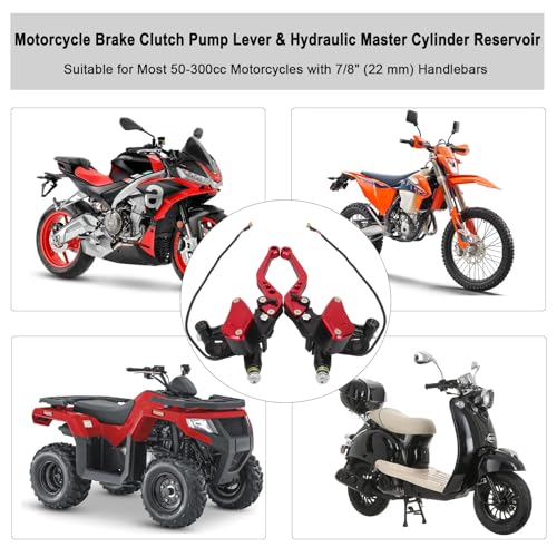 Universal Motorcycle Brake Clutch Pump Lever with Dual Hydraulic Master Cylinder Reservoir Set Left & Right CNC Suitable for 50-300cc Motorcycles with 7/8" 22mm Handlebars - color: Red