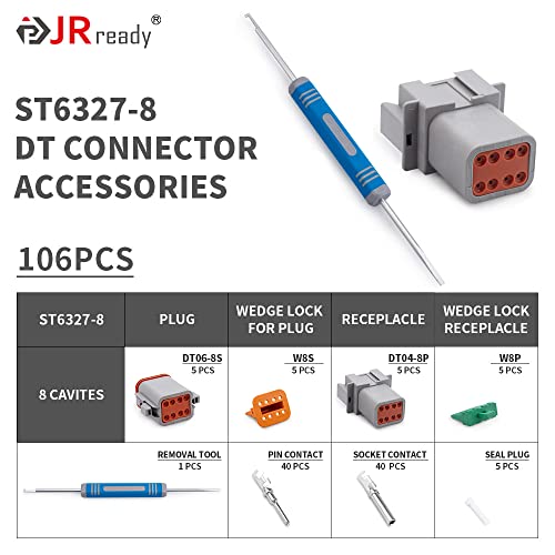JRready ST6327-8 8 Pin Deutsch Connector Kit DT Series, Gray Waterproof DT Connector 8 Pin(5 Set), Size 16 Stamped Contacts 14-18AWG for Race Car, Truck, Motorcycle, Off-Road Vehicles, Marine - size: 8-Pin (5 Pairs)
