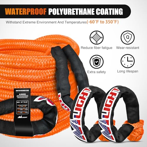 Nilight Kinetic Recovery Tow Rope Kit with 2 Soft Shackle 1" x 20ft Heavy Duty Offroad Tow Rope Snatch Strap Towing Strap kit 48,000LBS for UTV ATV SUV Truck Car Jeep Tractor - color: 1in x 20ft Rope+2 Pcs Soft Shackle