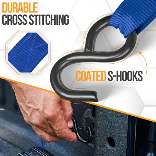 FORTEM Ratchet Straps, Tie Down Strap Set 1650lb Break Strength, 4 Pack 15ft x 1in, 4 Soft Loops, Moving Straps Tie Downs, Cargo Cam Buckles for Trucks, Carry Bag, for Men - color: Blue