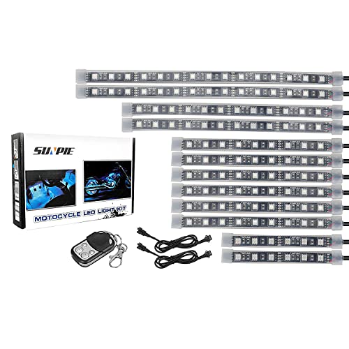 SUNPIE 12Pcs Motorcycle Light Kit Strips Multi-Color Accent Glow Neon Ground Effect Atmosphere Lights Lamp with Wireless Remote Controller for Motorcycles