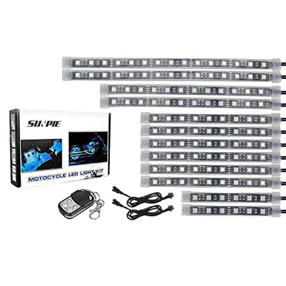 SUNPIE 12Pcs Motorcycle Light Kit Strips Multi-Color Accent Glow Neon Ground Effect Atmosphere Lights Lamp with Wireless Remote Controller for Motorcycles