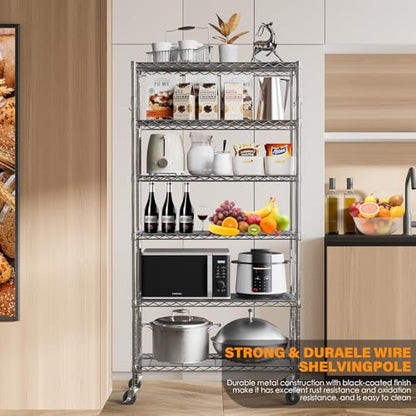 YNN Storage Shelves,6000Lbs 6 Tier Heavy Duty Metal Rolling Shelving Unit with Wheels & 8 Hooks, Adjustable Garage Wire Rack for Kitchen, Bathroom,Industrial,Pantry(36" W x 14" D x 72" H, Chrome) - size: 36"x14"x72" 6-Tier