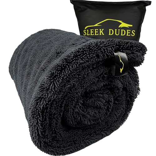 Sleek Max Dry 2000GSM Car Drying Towel 20x31, Black | Ultra-plush twist-loop microfiber, maximum absorption, paint-safe, double-sided, for cars, trucks, SUVs & full-vehicle drying - color: Black