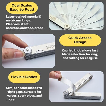Ceinueia 2PC Feeler Gauge Set – Straight & Angled Stainless Steel Gap Tool for Valve, Spark Plug, Automotive, Piston, Guitar – Inch & Metric