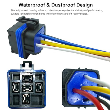 6 Pack 5 Pin Relay 40/30 AMP 12V DC Waterproof Relay Kit with Heavy-Duty Pigtail, 5-PIN SPDT Automotive Relays with Socket and Wires for Car, Truck, Boat, Motorcycle