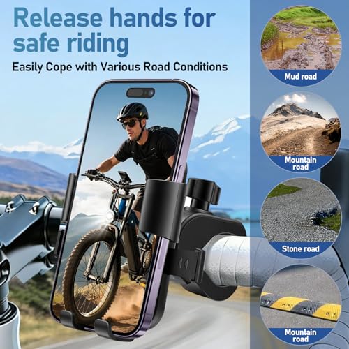 Motorcycle Phone Mount, Bike Bicycle Mount Handlebar Cell Phone Clamp Ebike Scooter Phone Clip for iPhone 16 Pro Max/Plus, 15 Pro Max, S10, S20, More 4.7" to 6.8" Smartphones