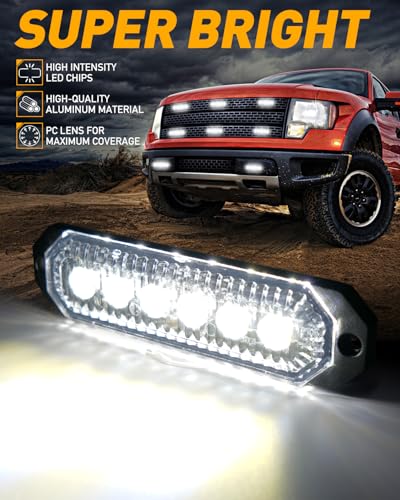 HLauto 406T Emergency Strobe Grille Lights: 4Pcs 6 LED Sync Feature Safety Warning Flashing Light, 12V-24V Ultra Slim Surface Mount Hazard Caution Light for Truck, Vehicle, Car, ATV, UTV (White) - color: White