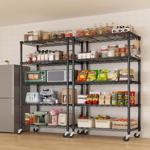 Wire Storage Shelves with Wheels: 5 Tier Adjustable Metal Shelving Unit, Heavy Duty Bakers Rack with Hooks, Rolling Pantry Shelf Organizer for Closet, Kitchen, Laundry, 24" W x 18" D x 75" H - size: 24"W x 18"D x 75"H