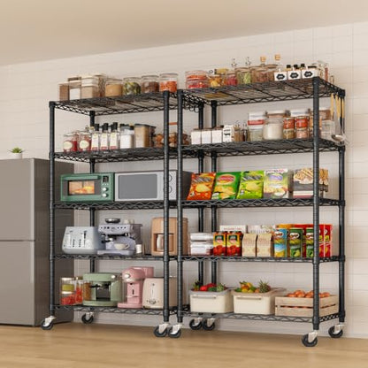 Wire Storage Shelves with Wheels: 5 Tier Adjustable Metal Shelving Unit, Heavy Duty Bakers Rack with Hooks, Rolling Pantry Shelf Organizer for Closet, Kitchen, Laundry, 24" W x 18" D x 75" H - size: 24"W x 18"D x 75"H
