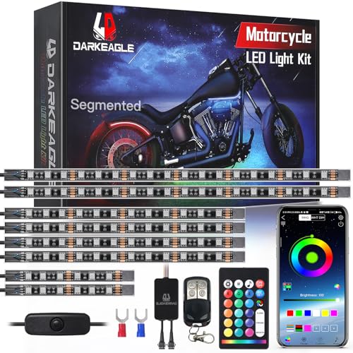 8PCS Segmented Motorcycle RGB LED Light Kits with APP/RF Remote, Multicolor Underglow Lights with Brake Turn Signal, 12V Waterproof Strip for Sport Bike, Cruiser, Street & Dirt Motorcycle - size: 8PCS Segmented