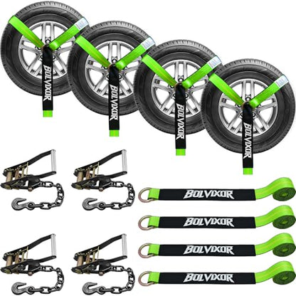 4 Pack Car Tie Down Straps for Trailers - 2" x 96" - 9900LBS Break Strength - Tire Ratchet Straps with Heavy Duty Chain Anchors for Hauling UTV, SUV, Truck, Any Cars - color: Green