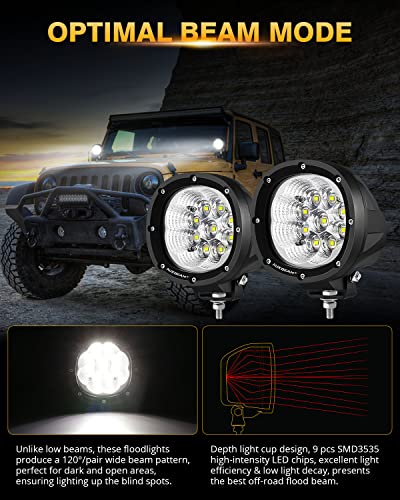 Auxbeam P4 Series Flood Beam LED Pods 4 Inch 90W Round Offroad Fog Lights Driving Flood Light Bar Bumper A-Pillar Hood Mount for Trucks ATV UTV Motorcycle Jeep - color: P4 Series White Flood Lights