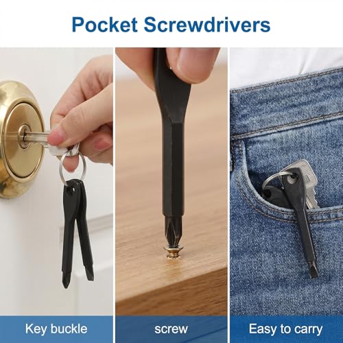 2pcs Valve Stem Remover with 4pcs Keychain Screwdriver, Stainless Steel Valve Core Removal Tool Flat Head and Phillips Key Screwdriver for Automotive Car Bicycle Motorcycle Tire Repair Install