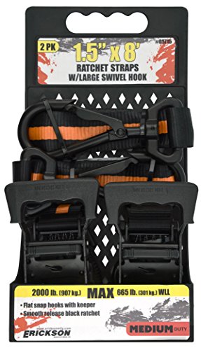 Erickson 05715 Big Hook Ratcheting Tie-Down Strap, 2 Pack (1.5" Wide x 8' Long, 2000lb Load Capacity)