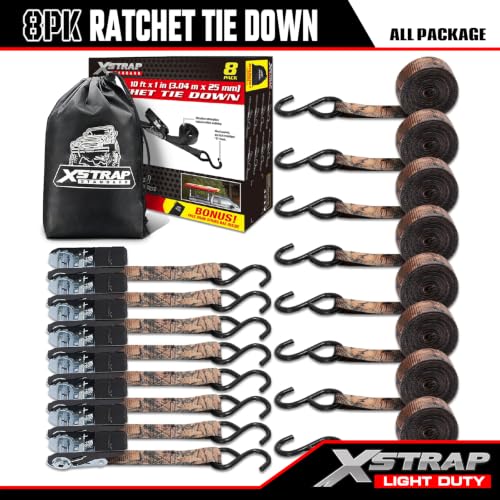 XSTRAP STANDARD Ratchet Straps, 900 LB Break Strength, 8-Pack 10FT Ratchet Tie Down Straps Set for Motorcycle Straps Tie Downs, Appliances, Lawn Equipment, Logistic Cargo Straps for Trucks(Camouflage) - color: Camouflage