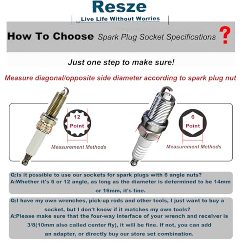 Resze 14mm（9/16"）Extended Spark Plug Socket, 3/8" Drive 12-Point Swivel Magnetic Thin Wall Spark Plug Socket for Quick Removal & Installation,360 Degree Rotating 12" Total Length (Cr-V Steel) - size: Long 9/16"（14mm）