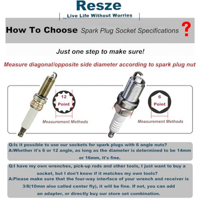 Resze 14mm（9/16"）Extended Spark Plug Socket, 3/8" Drive 12-Point Swivel Magnetic Thin Wall Spark Plug Socket for Quick Removal & Installation,360 Degree Rotating 12" Total Length (Cr-V Steel) - size: Long 9/16"（14mm）