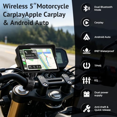 5" Compact Wireless Motorcycle CarPlay & Android Auto with TPMS Screen,IP67 Waterproof IPS Touchscreen,Voice Control, Dual Bluetooth Audio,USB/Acc Power Motorcycle GPS Display for Riding - size: 5 Inch