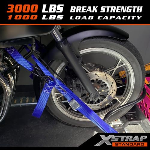 XSTRAP STANDARD Motorcycle Tie Down Straps- (2 Pack) 3,000lb Break Strength, 1.5 IN X 8FT Heavy-Duty Cambuckle Tie Down Set with S Hook and Soft Loops, Handlebar Strap for Dirt Bike, Kayak, Boat, Blue - color: Blue