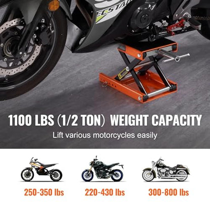 Motorcycle Lift, 1100 LBS Motorcycle Scissor Lift Jack with Wide Deck & Safety Pin, 3.7"-13.8" Center Hoist Crank Stand, Steel Scissor Jack for Street Bikes, Cruiser Bikes, Touring Motorcycles