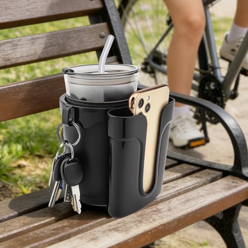 3-in-1 Bike Cup Holder with Cell Phone Keys Hook -Universal Water Bottle Holder for Walker/Wheelchair/Stroller/Scooter, Fits 0.87" Round Handlebar and 2.7" Cup Base,Black - color: black
