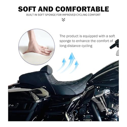 One-Piece Driver Passenger Seat Motorcycle 2-up Seat With Driver Backrest Cushion Pad Fit for Harley Touring Electra Glide Road King Road Glide Street Glide 2009-2023 (Black Stitching) - color: Black Stitching w/Driver Backrest