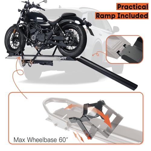 CRAVOT Motorack M1 Max Motorcycle Hitch Carrier with Ramp, 660 lbs Capacity Motorbike Carrier, Foldable Hauler Hitch Mount Rack Anti-Rattle Up to 6-inch Fat Tire 2" Receiver - size: MotorRack M1 Max 660lb