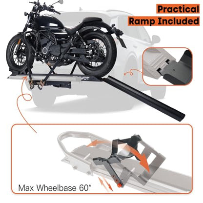 CRAVOT Motorack M1 Max Motorcycle Hitch Carrier with Ramp, 660 lbs Capacity Motorbike Carrier, Foldable Hauler Hitch Mount Rack Anti-Rattle Up to 6-inch Fat Tire 2" Receiver - size: MotorRack M1 Max 660lb
