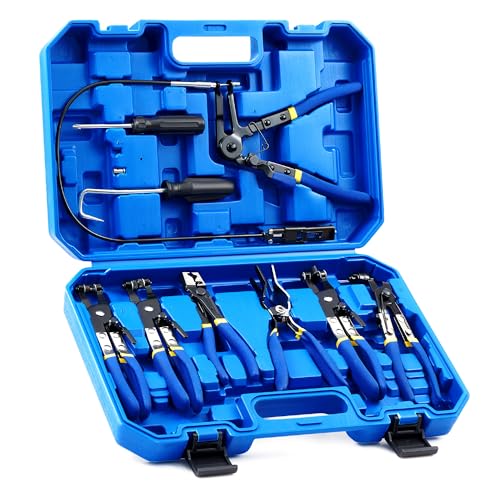 Orion Motor Tech 9pcs Hose Clamp Pliers for Fuel Oil & Water Hoses, Automotive Long Reach Hose Clamp Remover Kit with Flexible Wire Clic R Type Swivel Jaw Flat Band Pliers Case, Blue - color: Blue