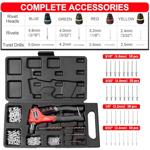 WETOLS Pop Rivet Gun Kit with 200 Blind Rivets, Upgraded Manual Single Hand Riveter with 4 Tool-Free Interchangeable Rivet Heads and 4 Drill Bits, Pop Rivet Tool Kit with Sturdy BMC Carrying Case - size: Regular Rivet Gun