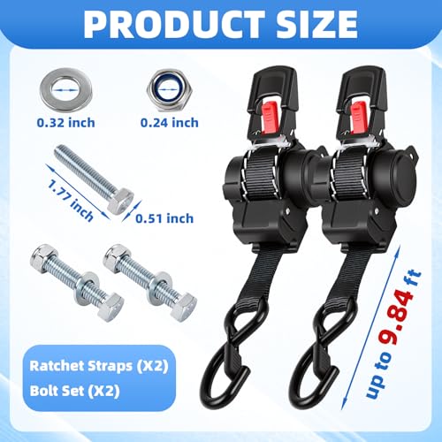Retractable Ratchet Straps 1" x 9.84ft, 2PK Transom Tie Downs – 1500lbs Break Strength, Heavy Duty Bolt-on Tie Down Straps for Trailer, Boat, Cargo, Motorcycles, Jet Ski, ATV (Black)