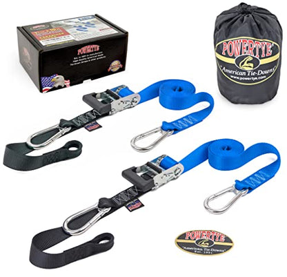 PowerTye 1.5 inch x 10ft Extra Long Ratchet Tie Down Straps, Heavy Duty with Carabiner Hooks, Soft-Tye & Bag, for Motorcycle, ATV & Cargo - 1,000 lb WLL - Made in USA - Blue/Black Pair