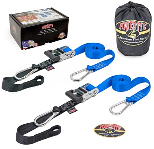 PowerTye 1.5 inch x 10ft Extra Long Ratchet Tie Down Straps, Heavy Duty with Carabiner Hooks, Soft-Tye & Bag, for Motorcycle, ATV & Cargo - 1,000 lb WLL - Made in USA - Blue/Black Pair