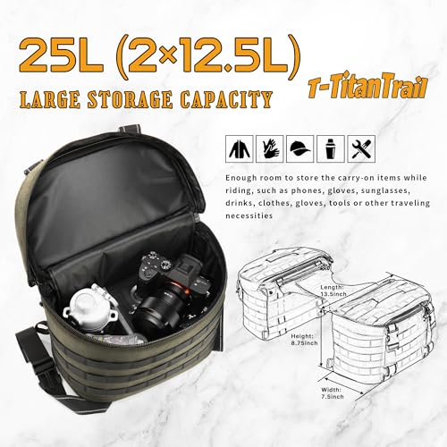 Motorcycle Saddlebags 25L Universal Throw Over Saddle Bags Waterproof Large Capacity Duffle Gear Organizer for Camping Trip Travel Outdoor with Raincover, Green
