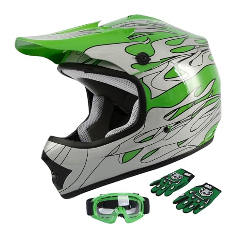 SLMOTO Dot Youth Kids Helmet Motocross Offroad Street Helmet Motorcycle Helmet Dirt Bike Motocross ATV Green Flame Design Helmet+Goggles+Gloves X-Large - color: Green Flame, size: X-Large