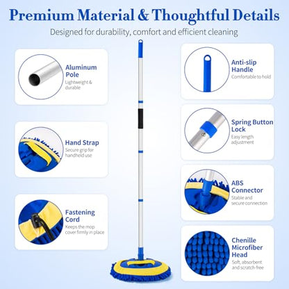 Car Wash Brush with Long Handle - 62" Car Wash Kit with Chenille Microfiber Cleaning Brush, Car Washing Mop with 3 Replacement Mitts, Scratch-Free Scrub Washer Wand for Vehicles, RV, Truck Blue - color: Blue