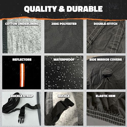 Mockins 175"x70"x60" XS Sedan Car Cover Waterproof All Weather Protector | Heavy Duty 250G PVC & Cotton Lined Car Covers for Automobiles | Windproof Full Exterior Covers w/ Buckle Strap & Reflectors - size: Sedan - X-Small - 175"x70"x60"