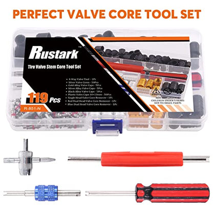 119Pcs Valve Core Remover Tools with Aluminum Tire Valve Stem Caps, Valve Core, Dual Single Head Valve Core Remover and 4-Way Valve Tool Kit for Automotive Truck Motorcycle Bicycle