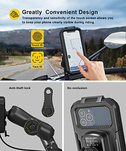iMESTOU Waterproof Motorcycle Phone Mount IP67 with Wireless Qi/USB C 3.0 Charger, Anti-Theft Handlebar 1" Ball Phone Holder with Aluminum Mounting Base 720° Rotation for 3.5"-6.1" Smartphones(S) - size: S(For 3.5"-6.1" Phones)