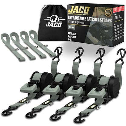 JACO Retractable Ratchet Straps - 1 in x 15 ft (4-Pack) (1,760lbs Break Strength) | Auto Self Retracting Cargo Tie Down Strap Set (Gray) - color: Gray, size: 4-Pack