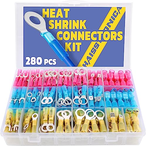 haisstronica 280PCS Marine Grade Heat Shrink Wire Connectors-Electrical Connectors Kit of Tinned Red Copper,Crimp Insulated Ring Fork Spade Butt Splice(3Colors/21Size) 16-14 22-16 12-10 Gauge - style: 280PCS AWG 22-10