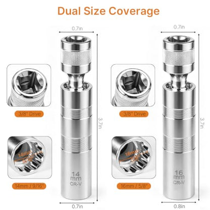 14mm&16mm Magnetic Swivel Spark Plug Socket Set- Thin Wall 3/8" Drive 12 Point Standard Spark Plug Sockets Removal Tool - CR-V Steel Made For Motorcycle, Car, SUV, BMW, Nissan, Mini, Mercedes (Silver) - color: Silver