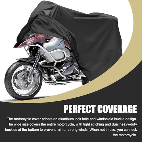 Motorcycle Cover, 96.5" Heavy Duty Motorcycle Cover Waterproof Outdoor, Full Cover with Lock Holes Windproof Security System & Storage Bag, Universal for Motorcycles Bikes (Black)